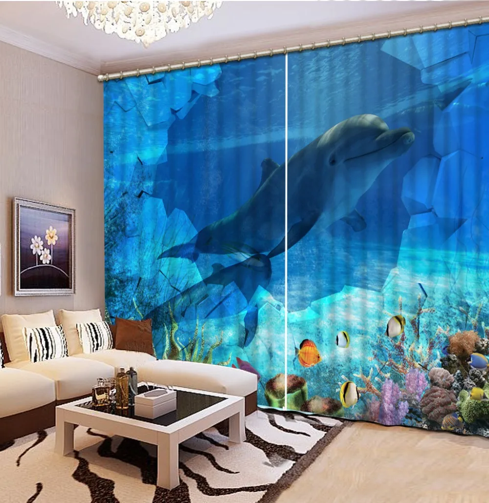 

Красивые фото Модные индивидуальные 3D шторы Синее Море Коралловый Дельфин кровать Гостиная Офис Отель Cortinas