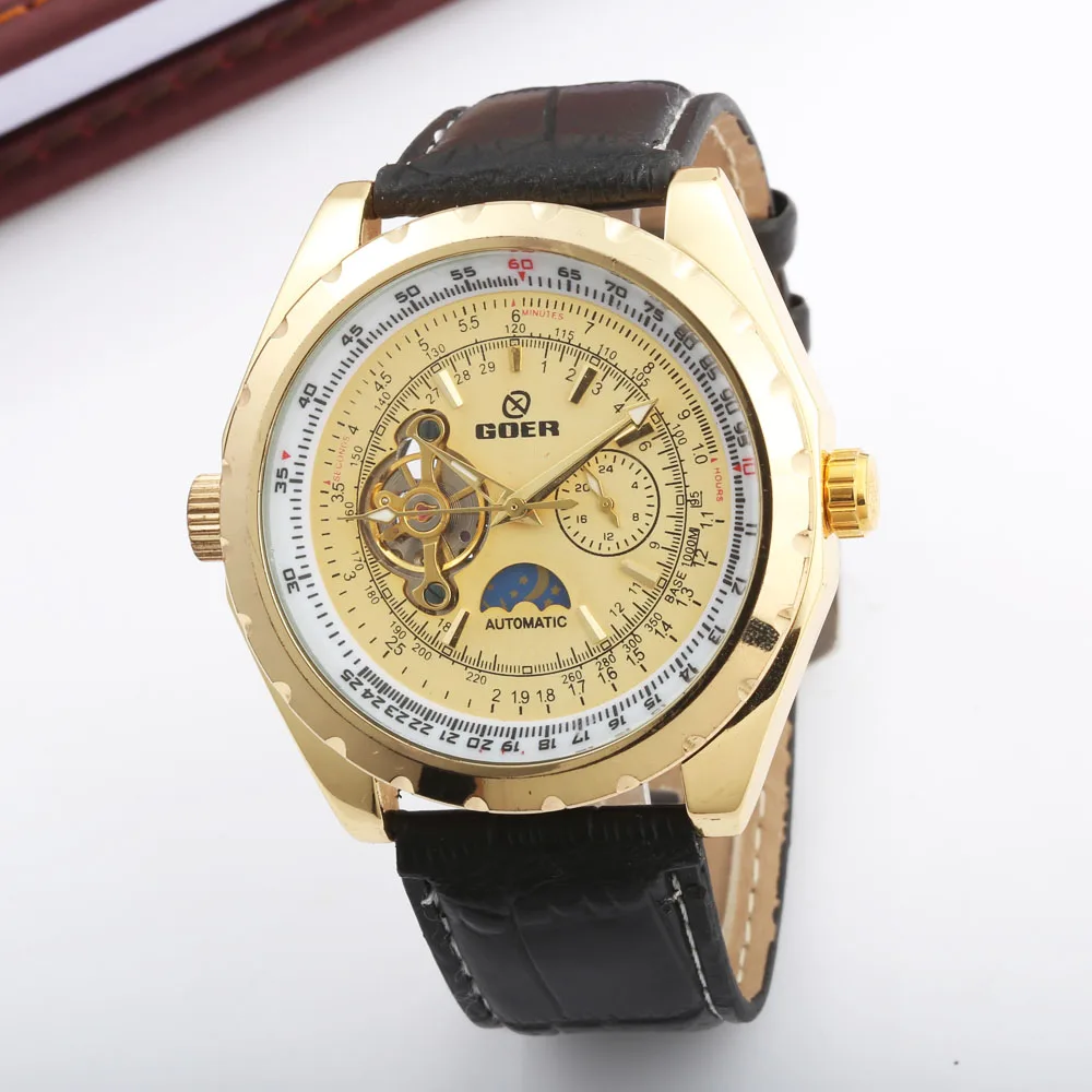 GOER Новая мода Tourbillion мужская одежда мальчик автоматические механические кожаные мужские спортивные часы большой циферблат Relojes Hombre