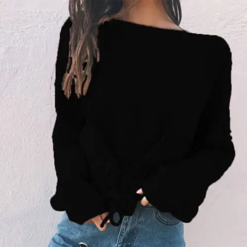 

Bandage Women Round Neck Long Sleeve Pullover Loose Sweater Knitwear Tops