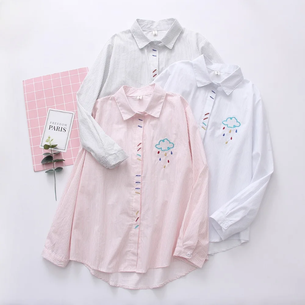 JKKUCOCO Newest Women Shirt Embroidery Thunderstorm Cotton blouses Blouse shirt Long Sleeve Casual Striped Shirts S-XL |