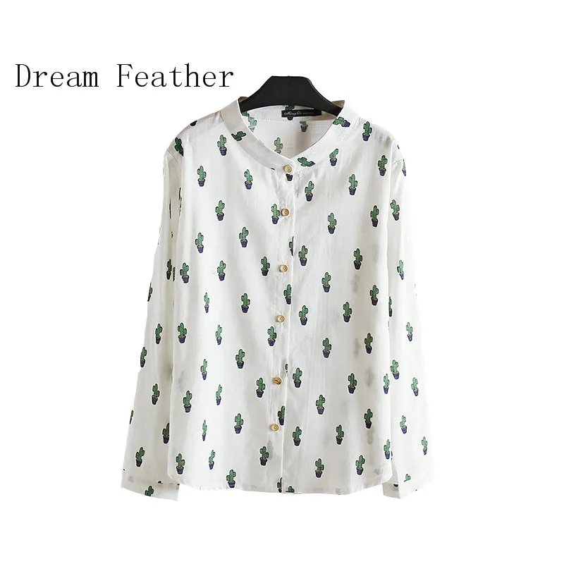 Женские блузки с длинными рукавами повседневные хлопковые принтом кактуса в