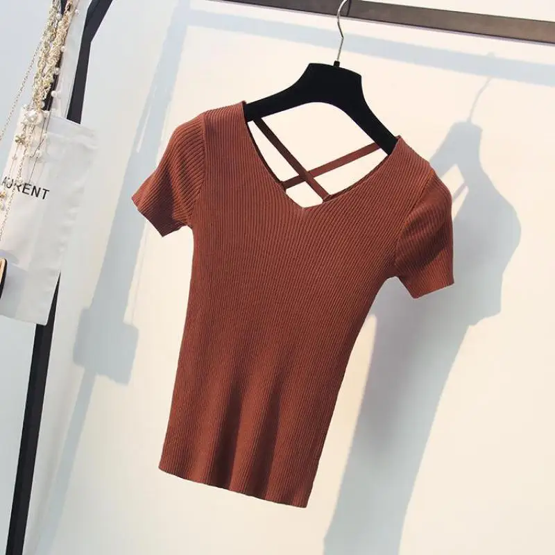 Женские летние вязаные топы с v-образным вырезом и коротким рукавом Свитера