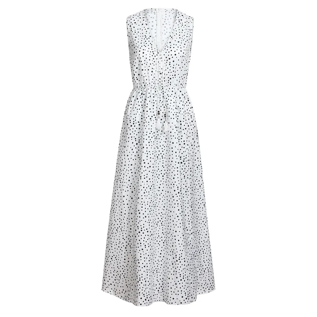 Женское длинное пляжное платье макси без рукавов в горошек с бахромой глубоким