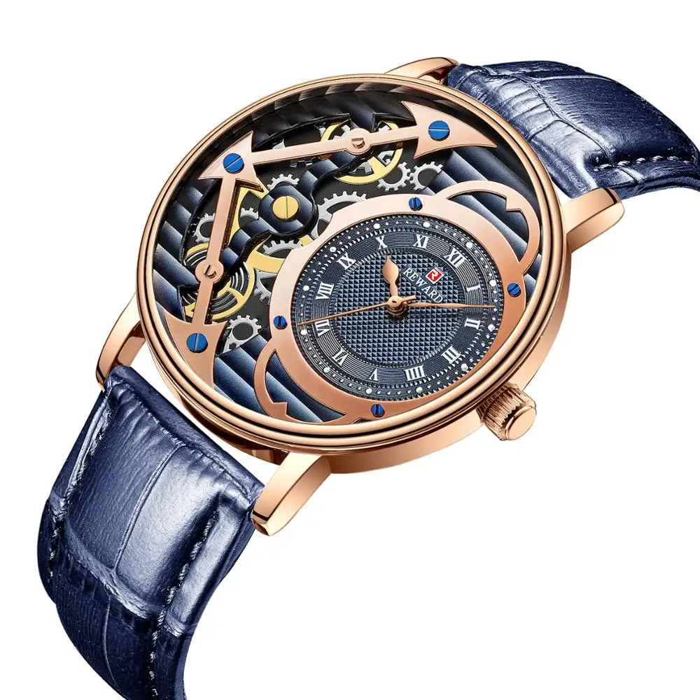 REWARD Hollow mechanical Business Men's Watch Japan import Movement Waterproof Leather strap watch male relogio masculino | Наручные