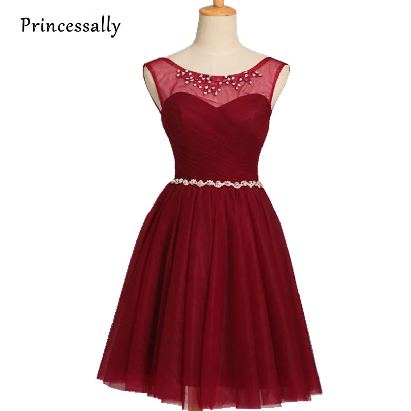 Женское платье подружки невесты бордовое Короткое Платье До Колена расшитое