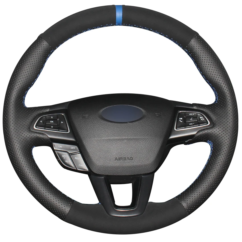

Black Synthetic Leather Black Suede Blue Marker Steering Wheel Cover for Ford Focus 3 2015-2018 Kuga 2016-2018 Escape 2016-2018