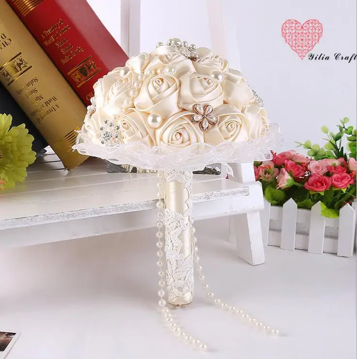 

AYiCuthia Gorgeous Beaded Pearl Wedding Bouquet Ivory Rose Bridesmaid Flowers Artificial Bridal Bouquets S22