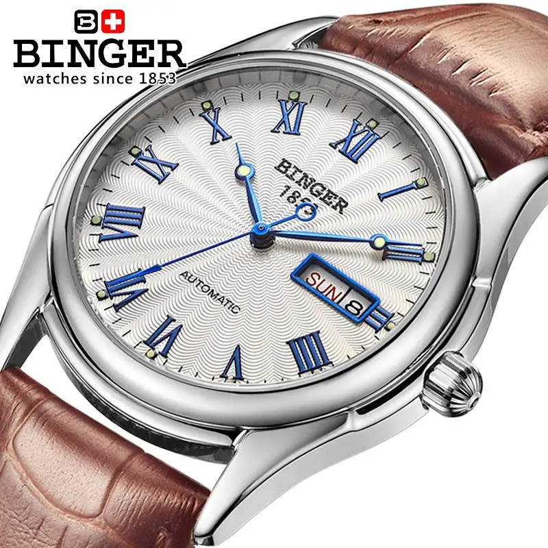 

Switzerland watches men luxury brand Wristwatches BINGER luminous Mechanical Wristwatches leather strap Waterproof B106-4