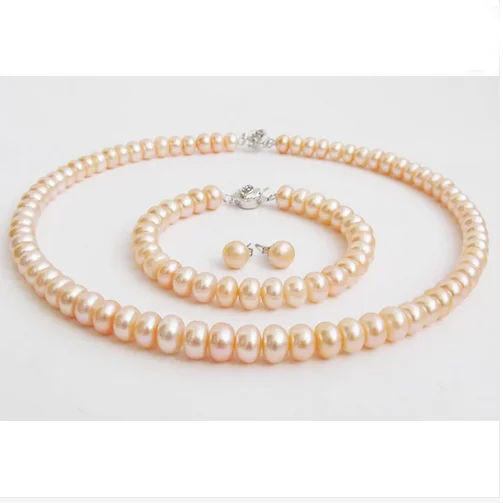 

Свадебный женский ювелирный комплект 9-10 мм AAA натуральный розовый пресноводный жемчуг ожерелье браслет серьги роза цветок Застежка ручной ...