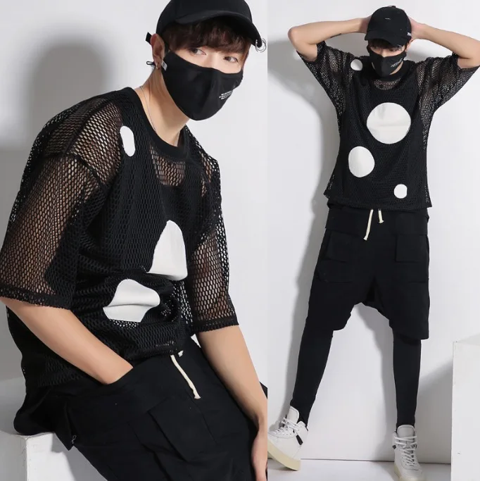 Мужская футболка в горошек с коротким рукавом стильная сеточку графическим