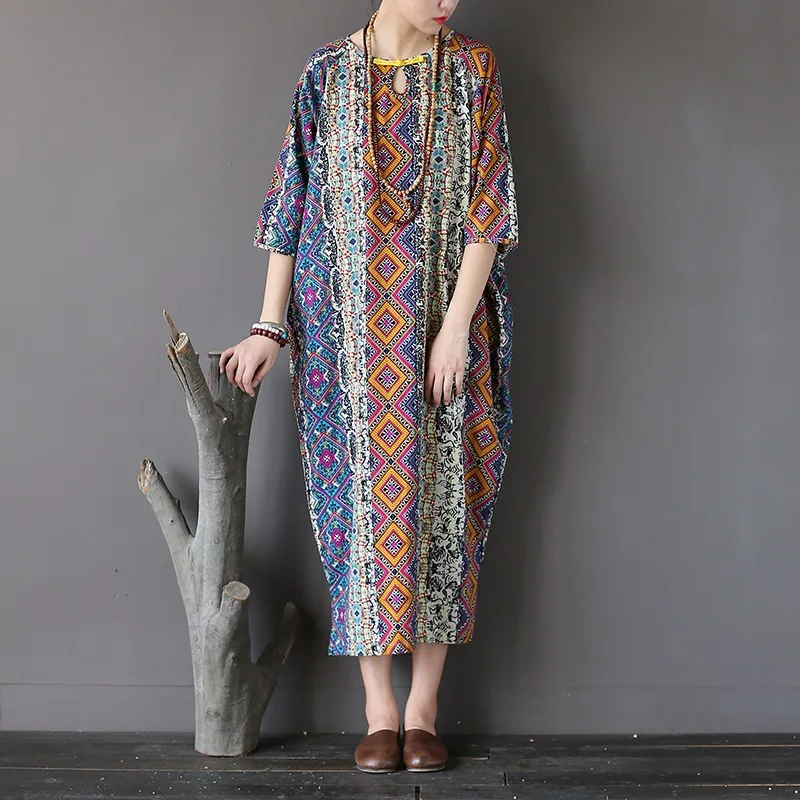 Хлопковое льняное свободное Повседневное платье с геометрическим принтом