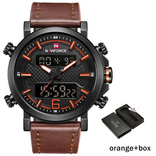 orange box NAVIFORCE модные мужские часы с двойным дисплеем, военные армейские часы с кожаным ремешком, цифровые часы, мужские стильные водонепроницаемые часы 30 м - Цвет: orange box