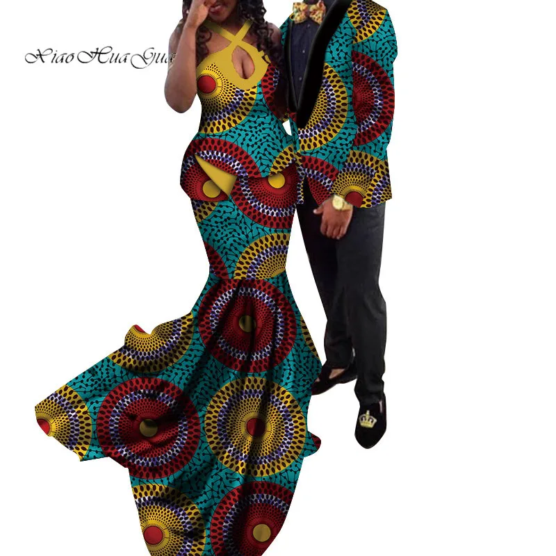 Африканская пара одежды африканские платья для женщин Базен Riche Длинные вечерние платья и мужская куртка, пальто 2 шт. одежда WYQ154