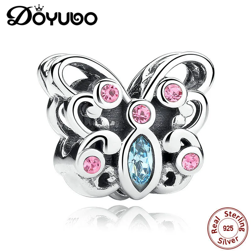 

Классические бусины-бабочки DOYUBO из серебра 100% пробы с розовыми и синими фианитами, модные подвески из стерлингового серебра, ювелирные изде...