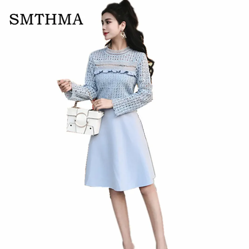 picture color SMTHMA, новинка весны, высокое качество, женское голубое кружевное платье с длинным рукавом, платье в стиле пэчворк - Цвет: picture color