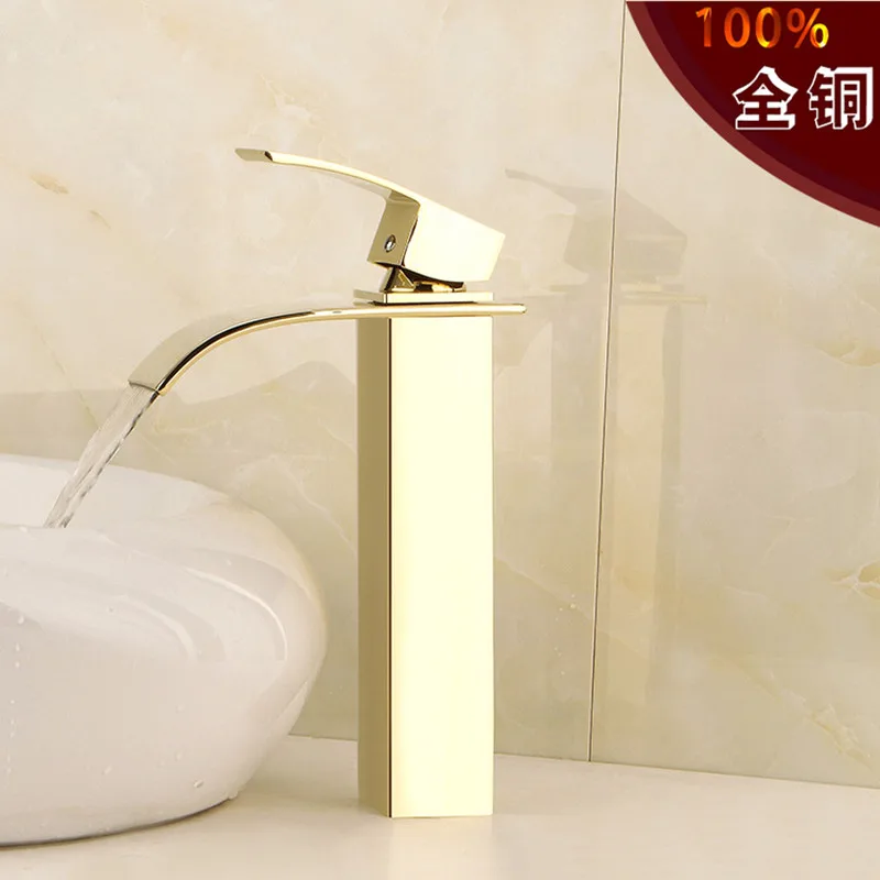 Бесплатная доставка золотой кран с одной ручкой и водопадом твердой латунной