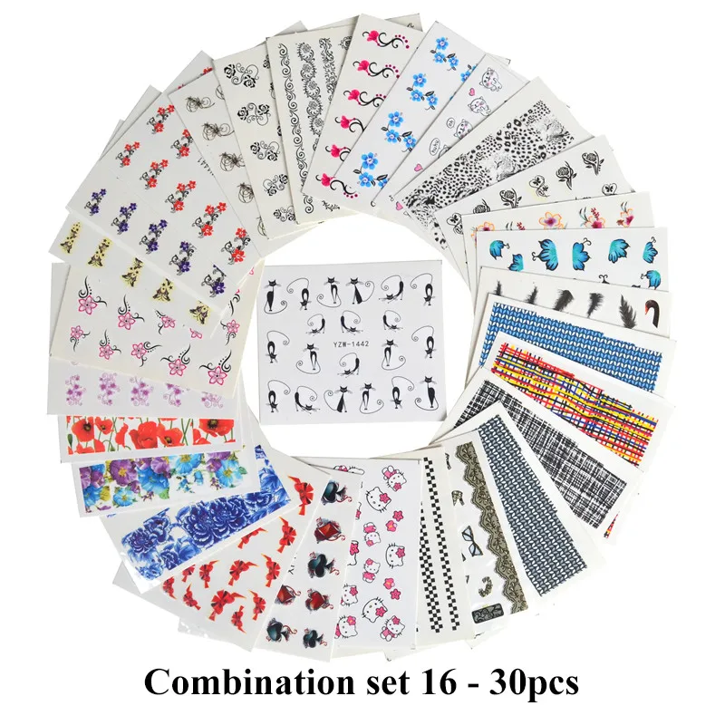 30 Sheets Смешанные новые дизайны, акварельные цветочные наклейки, наклейки для ногтей, набор для гелевого маникюра, Декор, водная ползунок, фольга, набор - Цвет: 30 Sheets
