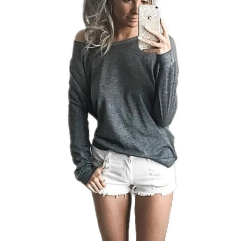 2016 Сексуальная Сплит Топы Простой Серый Женщин Осень Повседневная Футболка С