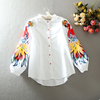 white Spring and Summer Cotton Causal Shirts Embroidered Long-sleeved Shirts Woman Full Button Print O-Neck lantern Sleeve Tops - Цвет: white