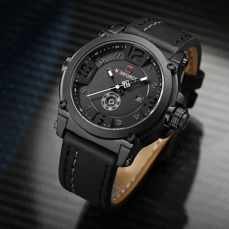 Мужские часы NAVIFORCE Militray спортивные кварцевые водонепроницаемые с кожаным