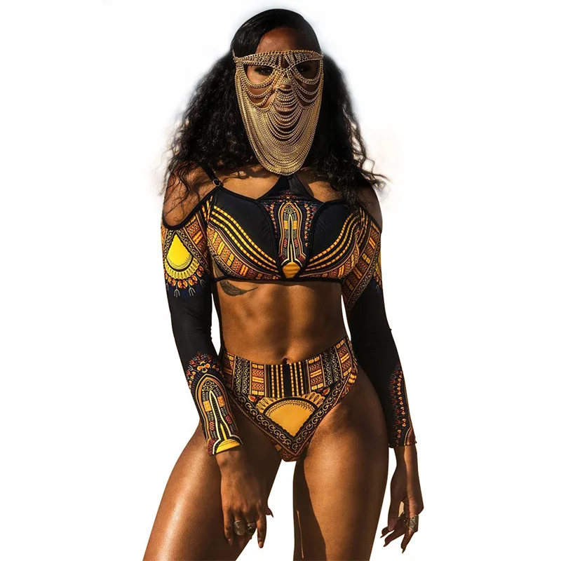 Black Сексуальный народный обычай печати бикини женский купальник с длинным рукавом одежда для плавания купальный костюм S-2XL купальные костюмы с завышенной талией Девушка купальный костюм - Цвет: Black