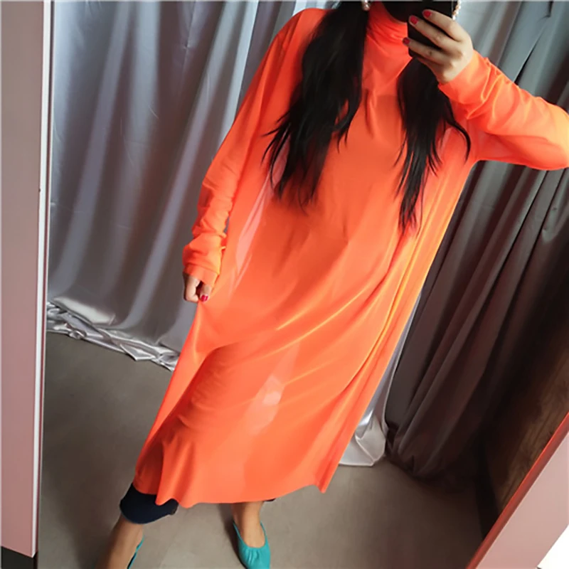 [EAM] New Autumn Winter High Collar Long Sleeve Black Mesh Perspective Colorful Long Big Size Dress Women Fashion JU790