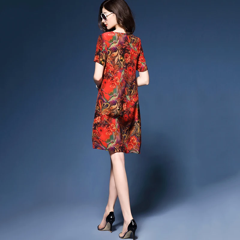 2020 New Short-sleeved Women Red Floral Print Dress Round neck Slim Female Summer Simple Loose Plus size 3XL WYT610 | Женская одежда