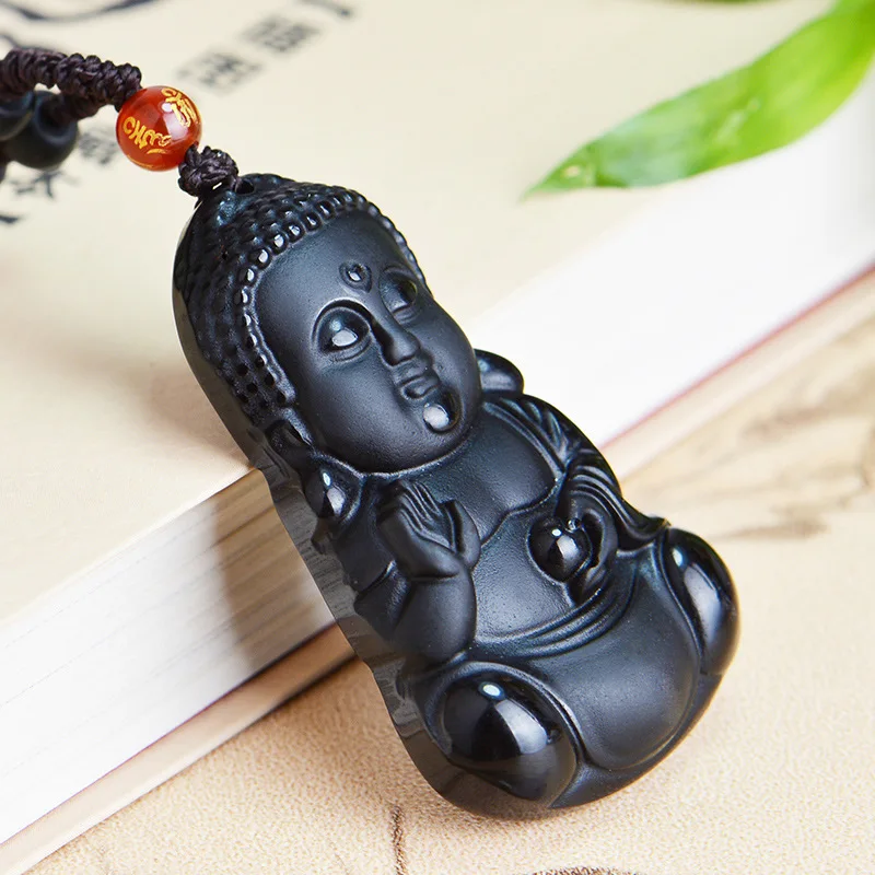 Трехмерная Будда бисера Шторы Природные обсидиана скраб кулон черный Гуаньинь