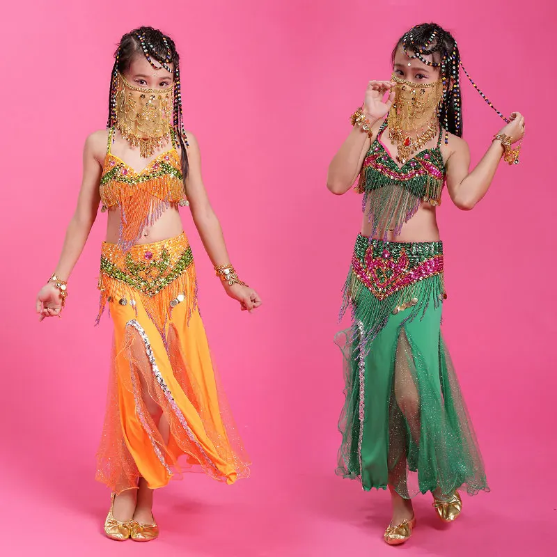 Костюм для девочек танца живота из 3 предметов зеленый/оранжевый (бюстгальтер +