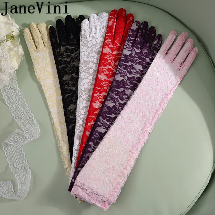 JaneVini, сексуальные свадебные перчатки с прозрачными перчатками, кружевные, длина 50 см, перчатки для невесты, полный палец, 19,6 дюймов, свадебные, фиолетовые, черные, женские Вечерние перчатки