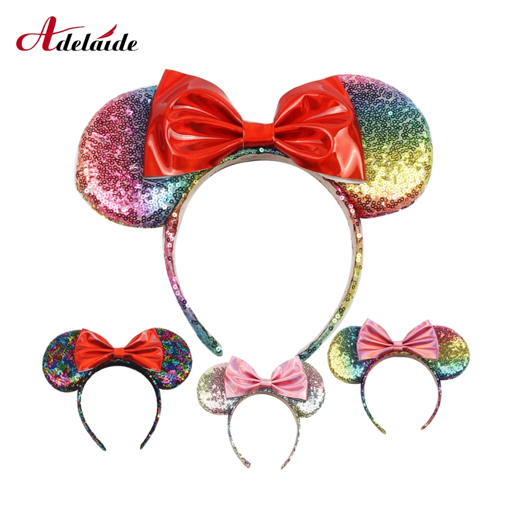Новое поступление Радужные Блестки PU бант повязка на голову Минни блестящие уши