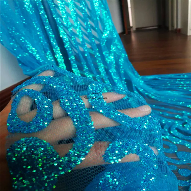 

Sparkle glitter african lace fabric Blue french net tulle mesh sequins lace fabric for wedding dress