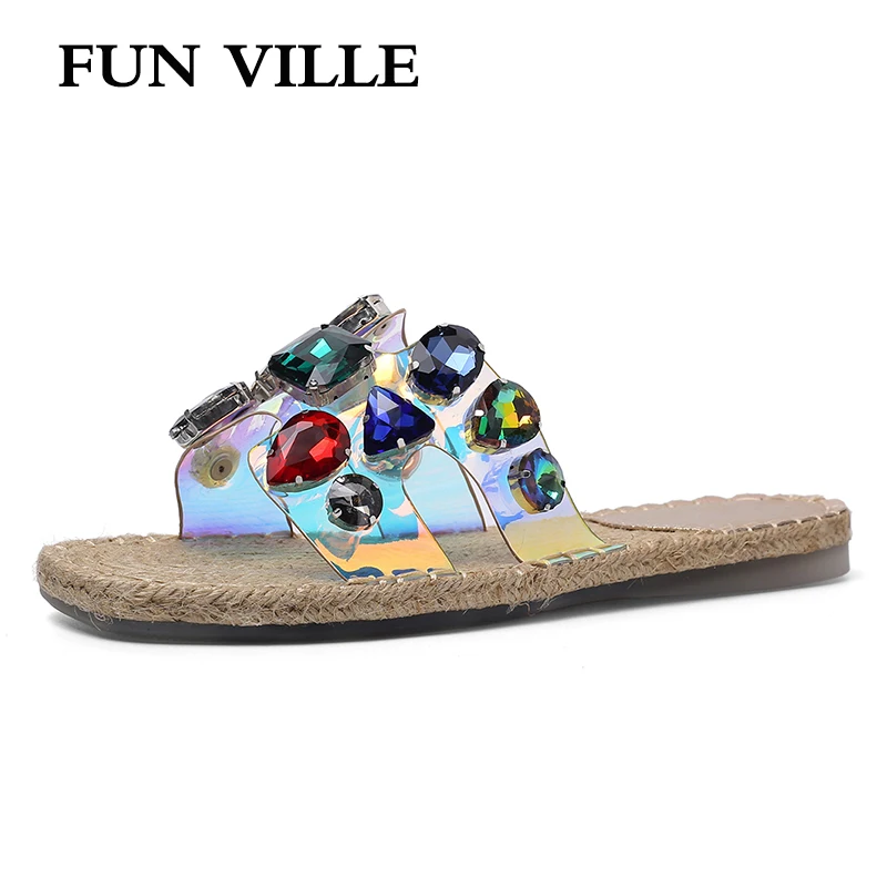 FUN VILLE/Новые Модные прозрачные летние шлепанцы из расшитой блестками ткани, женские шлепанцы для улицы, пикантная женская обувь на плоской подошве, шлепанцы с открытым носком