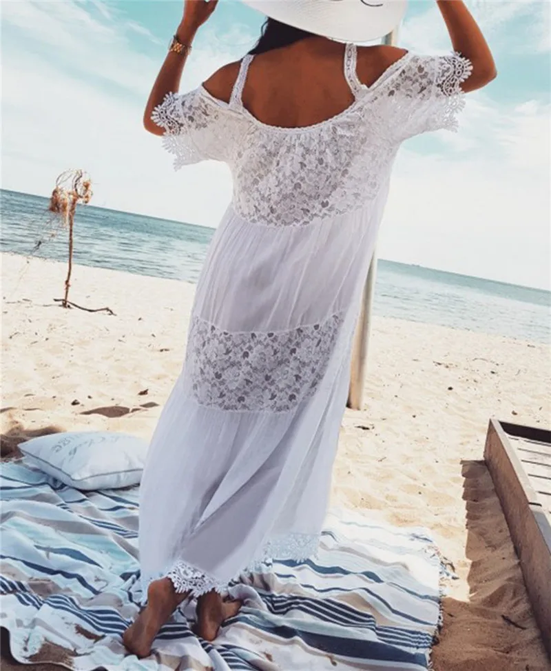 Женское кружевное платье туника на бретельках белое элегантное Пляжное Платье