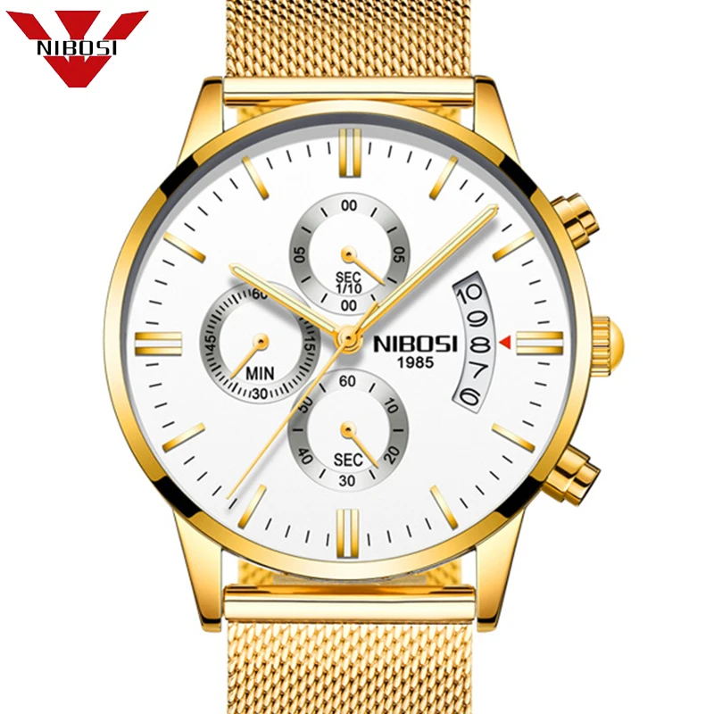 Часы наручные NIBOSI мужские с календарем брендовые Роскошные светящиеся в золотом