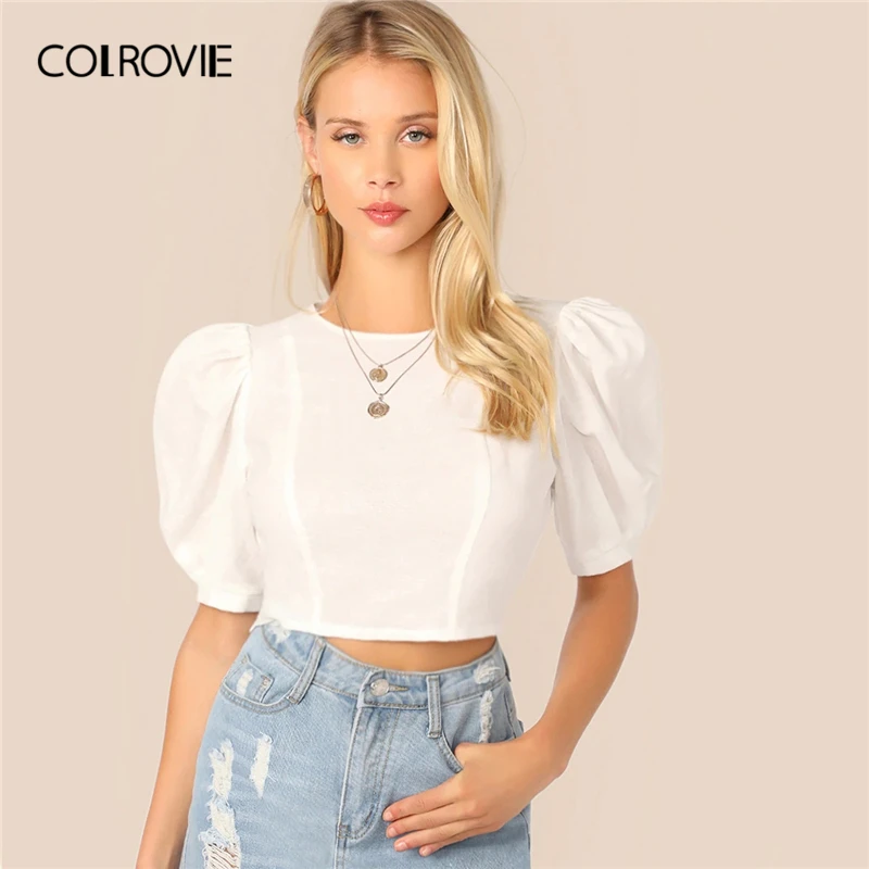 COLROVIE, белый топ с пышными рукавами и замочной скважиной на спине, женская блузка, рубашка, лето, корейская мода, облегающие офисные женские блузки