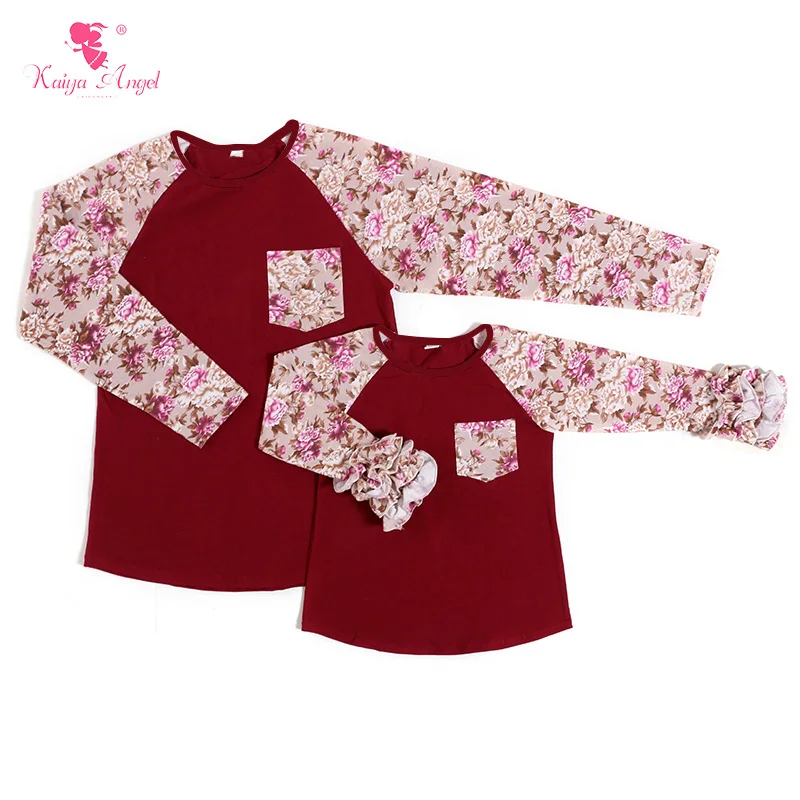 2017 Облегающая рубашка Raglans Цветочная с оборками для мамы и меня детей взрослых