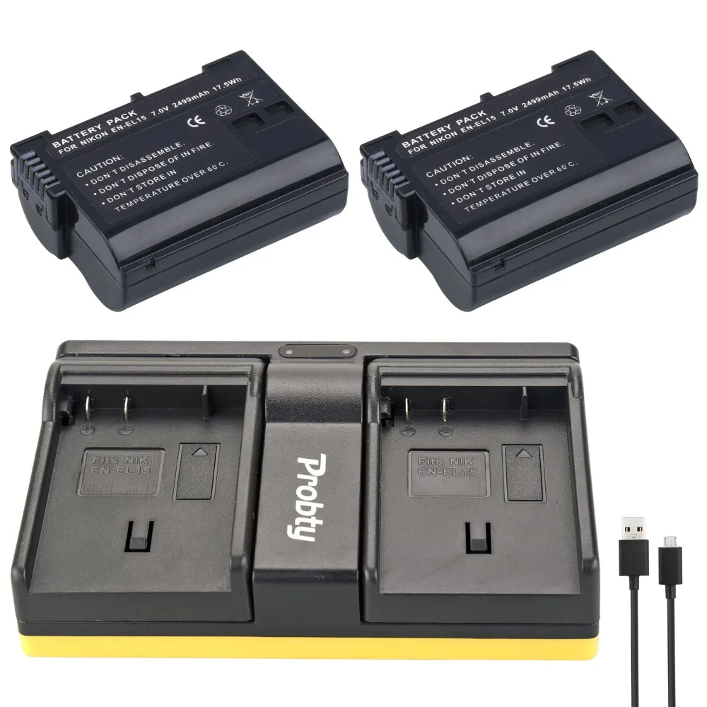 

Probty 2PCS EN-EL15 EN EL15 Camera Battery + USB Dual Charger For Nikon D600 D600E D800 D800E D7000 V1 MH-25 MB-D11 MB-D12