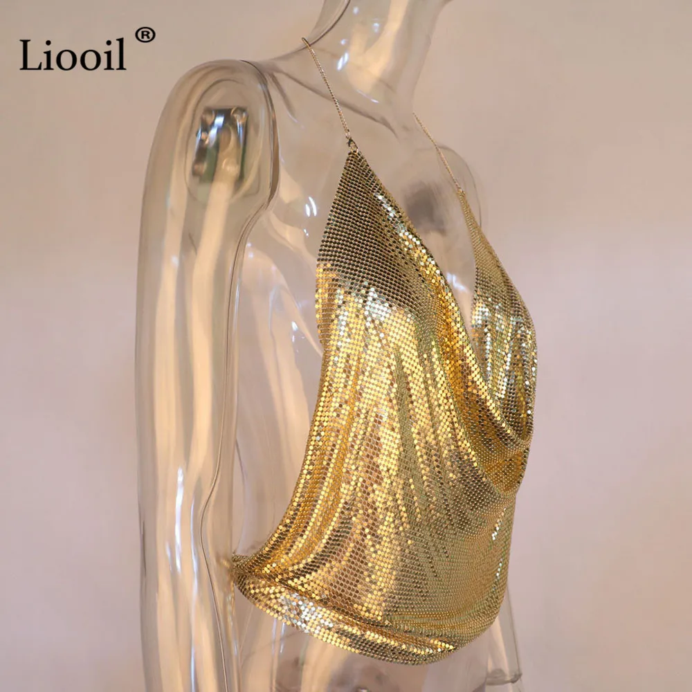 Liooil пикантные золото спинки Топ Холтер серебряные блестящие блесток Топы Для женщин Лето V шеи Rave одежда Вечерние Cami Top