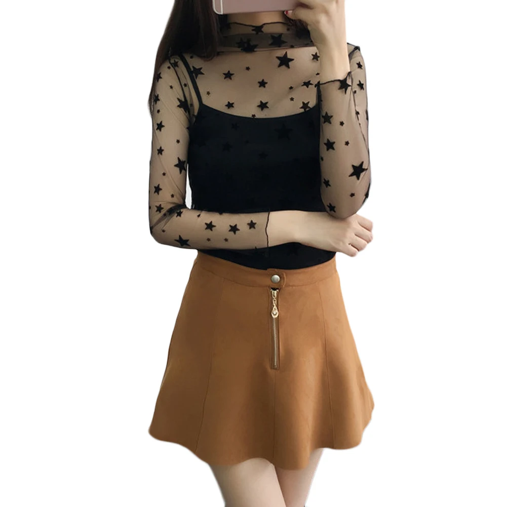 Весна 2019 прозрачная блузка с длинным рукавом тонкие кружевные рубашки женская