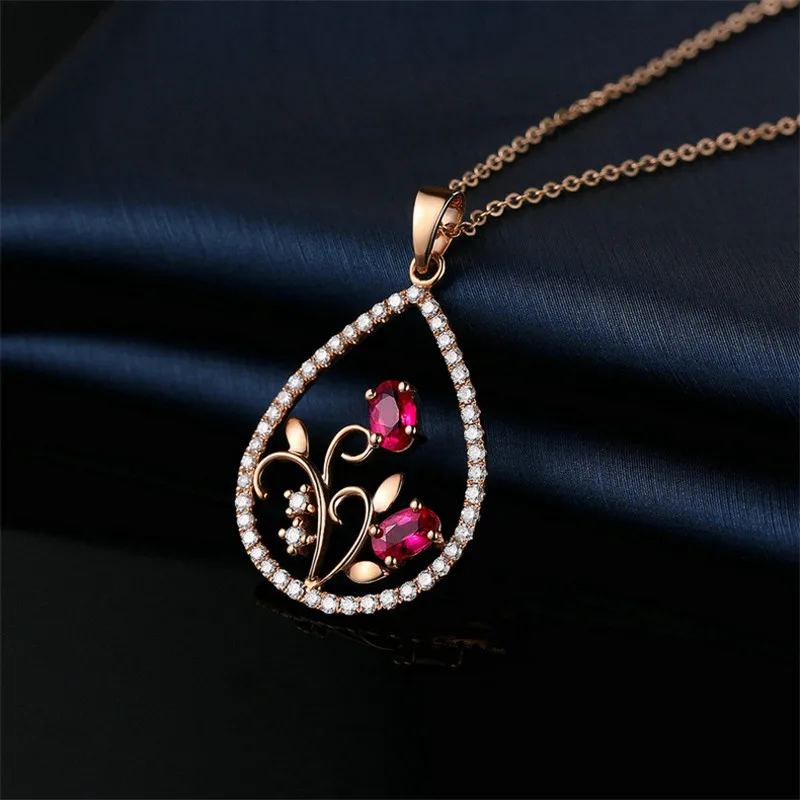 Ociki Rose Gold Color Waterdrop Flower Red Crystal Pendant Necklace Chokers Jewelry Wholesale for Women Girls Drop Shipping | Украшения и