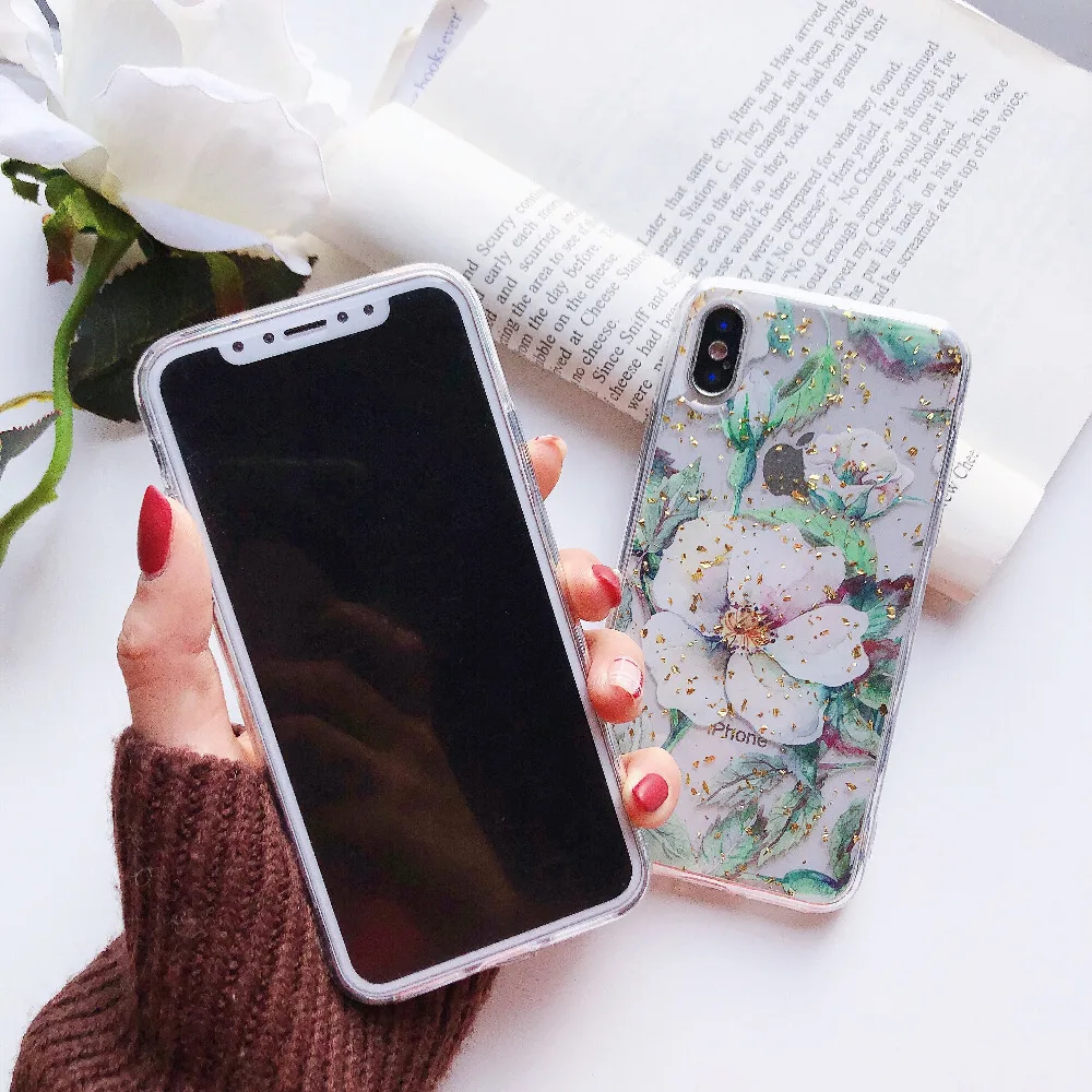 Сверкающие Цветы Золотая фольга мягкий ТПУ чехол для телефона iphone 6 6s 6plus X 7 8 plus XR XS