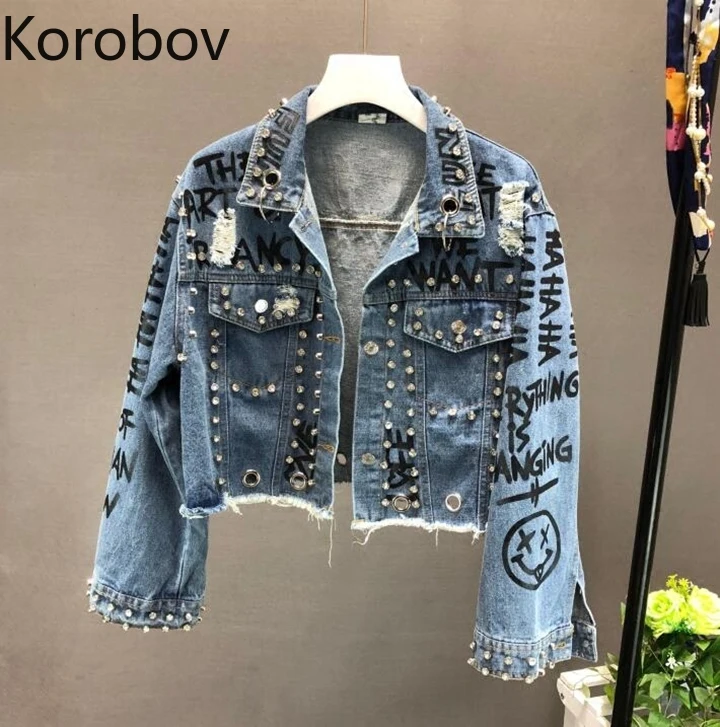 Korobov новые джинсовые куртки с заклепками для женщин длинным рукавом Лоскутная