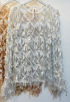 silver Cakucool женские шикарные с блестками блузки рубашки с длинным Расклешенным рукавом сетки патч прозрачные сексуальные Blusa Bling бусины с кисточками рубашки пуловер - Цвет: silver