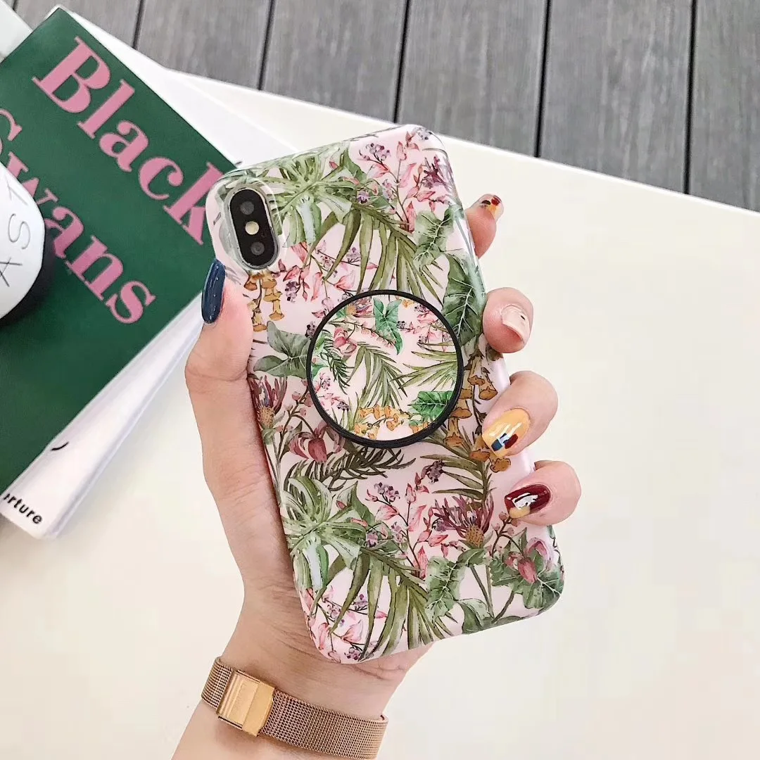 Summer Leaves Finger Ring Holder Case For iPhone XR X XS Max 6 6S 7 8 Plus Colorful Painting Floral Soft Fashion Phone NEW |