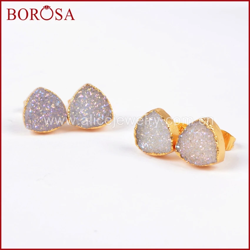 Серьги-пусеты BOROSA Druzy 1 пара треугольные серьги с натуральным кристаллом 10 мм