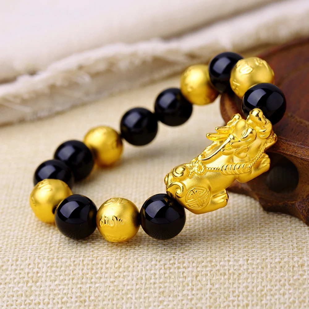 Золотые шесть слов бусы богатство пиксиу браслет черный обсидиан бисера