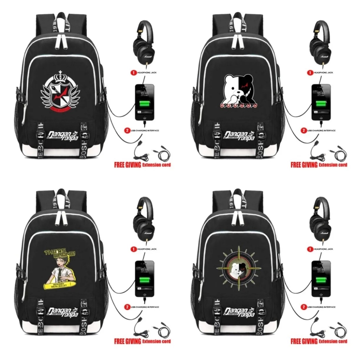 Usb зарядка Разъем для наушников Рюкзак Школьные сумки Mochila Feminina рюкзак для ноутбука школьный Аниме данганронпа Печать Рюкзак