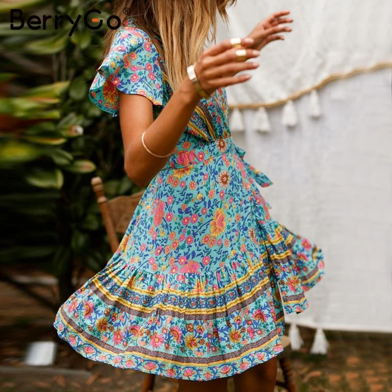 BerryGo богемные платья с цветочным принтом женское платье сексуальное v образным