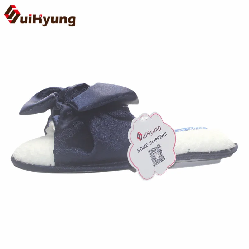 Suihyung/Новинка; женские пушистые тапочки; зимняя теплая мягкая флисовая домашняя обувь; домашние Вьетнамки; шлепанцы на плоской подошве с большим бантом; женские плюшевые слипоны